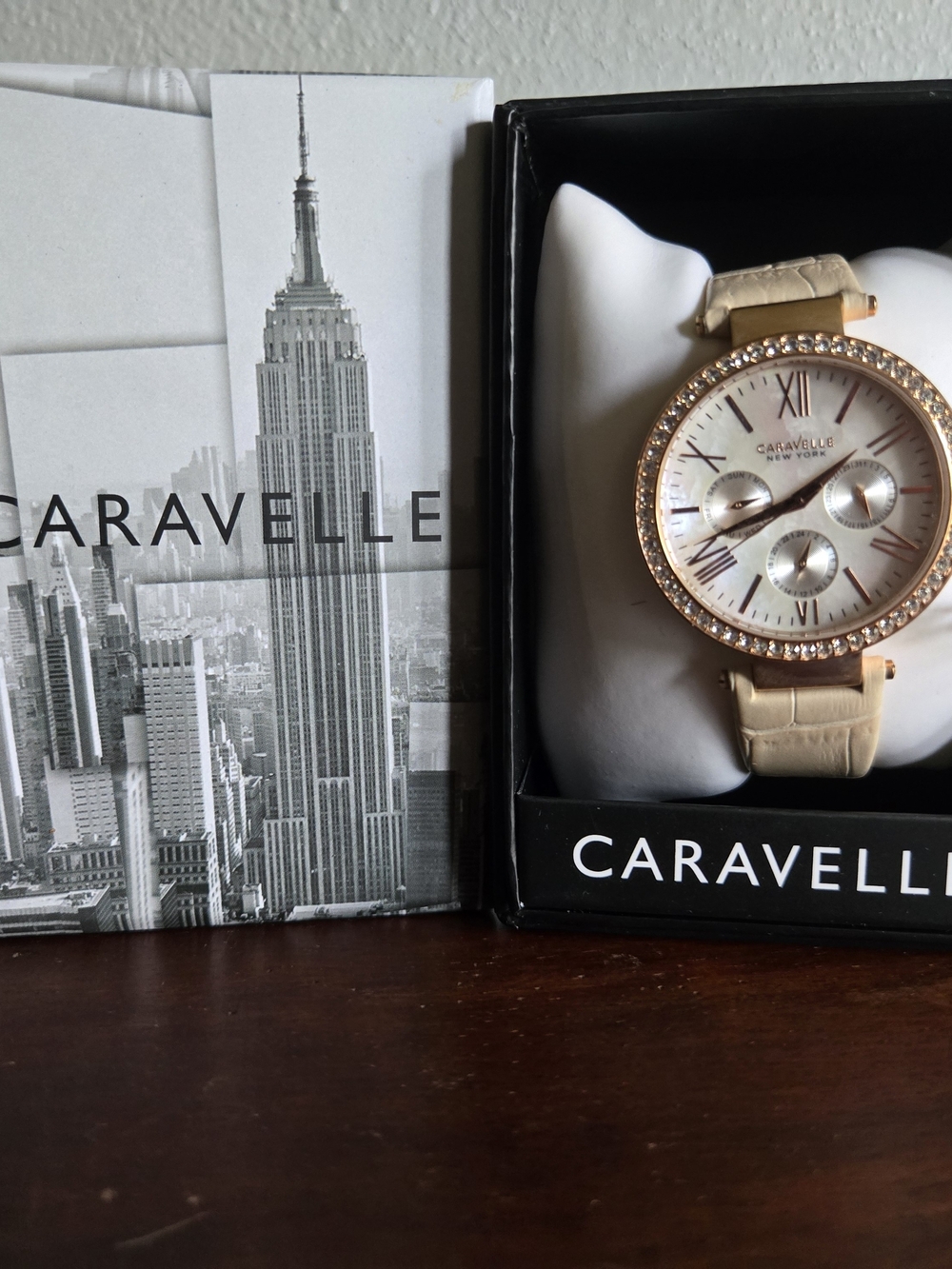 Caravelle Women's Rose Gold-Tone Watch with Beige Leather Strap